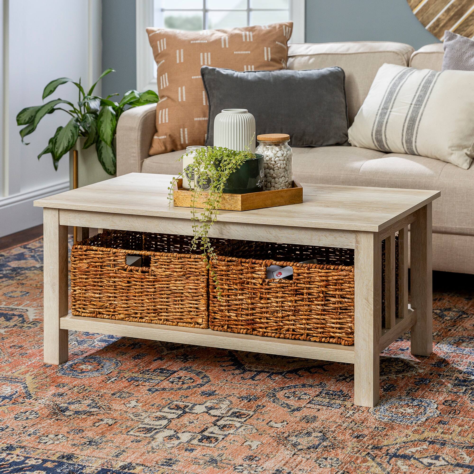 Walker Edison 40" White Oak Mission Storage Coffee Table with Baskets